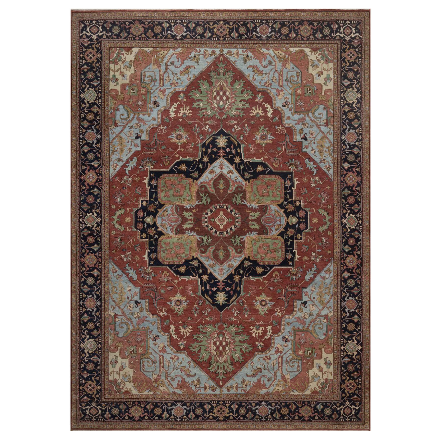 10'x14' Barn Red, Antiqued Fine Heriz Re-Creation, Medallion Design, Hand Spun New Zealand Wool, Hand Knotted, Denser Weave, Soft Pile, Vegetable Dyes, Oriental Rug 